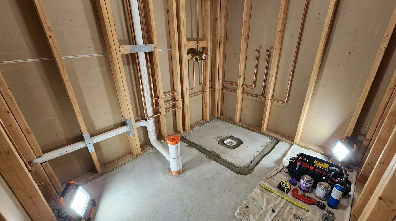 Bathroom rough-in plumbing during remodel by Johns Plumbing LLC in La Grange Park
