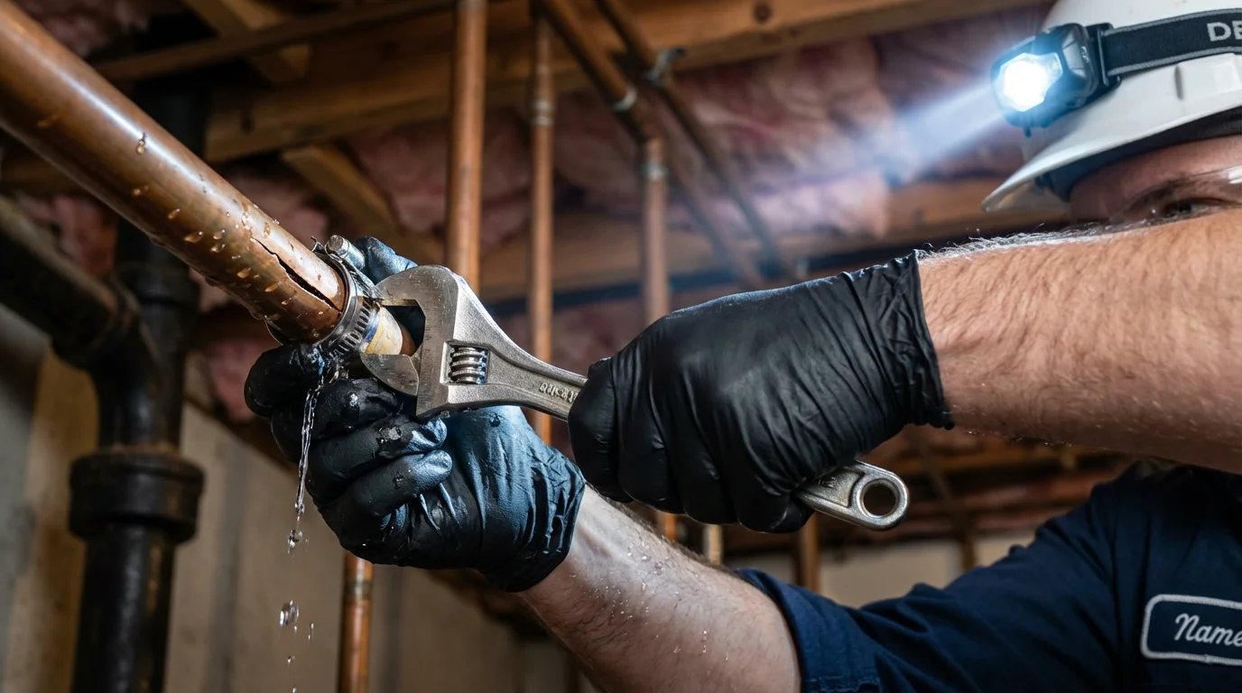 Emergency pipe clamp repair being performed by a Johns Plumbing LLC plumber in La Grange Park