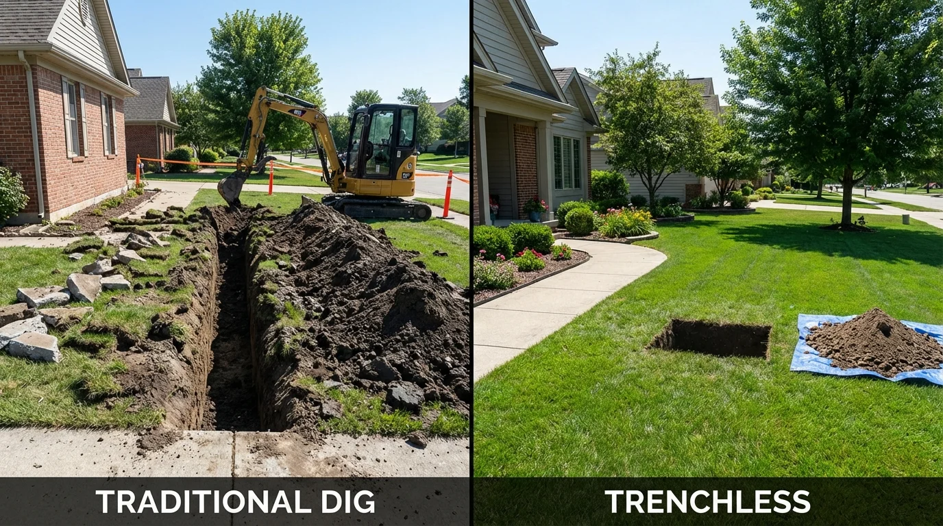 Trenchless sewer repair with minimal yard damage versus traditional excavation in La Grange Park, IL