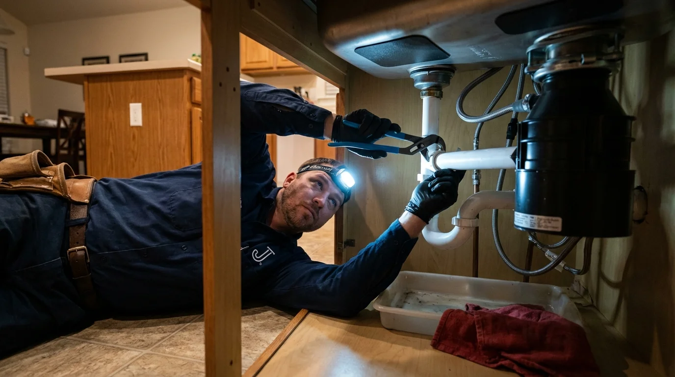 P-trap and supply line connections under a kitchen sink showing a common leak point in La Grange Park, IL